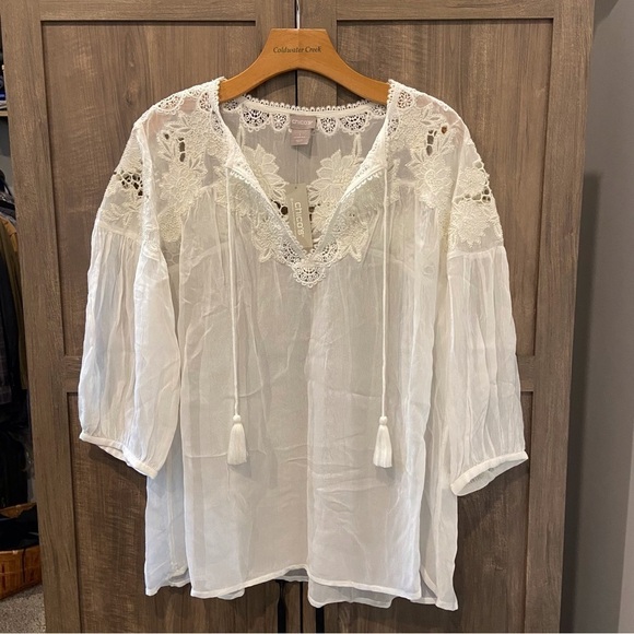 NWT Chico’s Size 1 (8/10) Embellished Peasant Blouse Top Beaded Ivory Sheer - Picture 1 of 11
